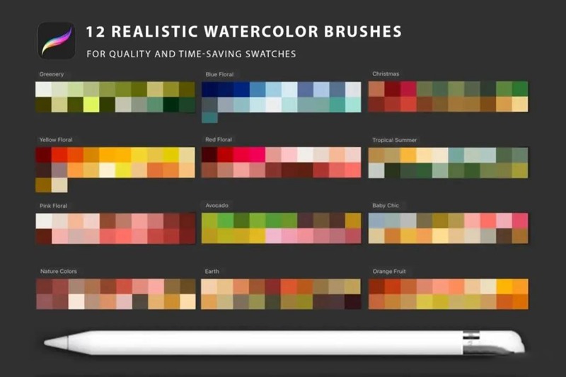 逼真水彩艺术绘画iPad Procreate笔刷色板设计素材套装 笔刷资源 第6张