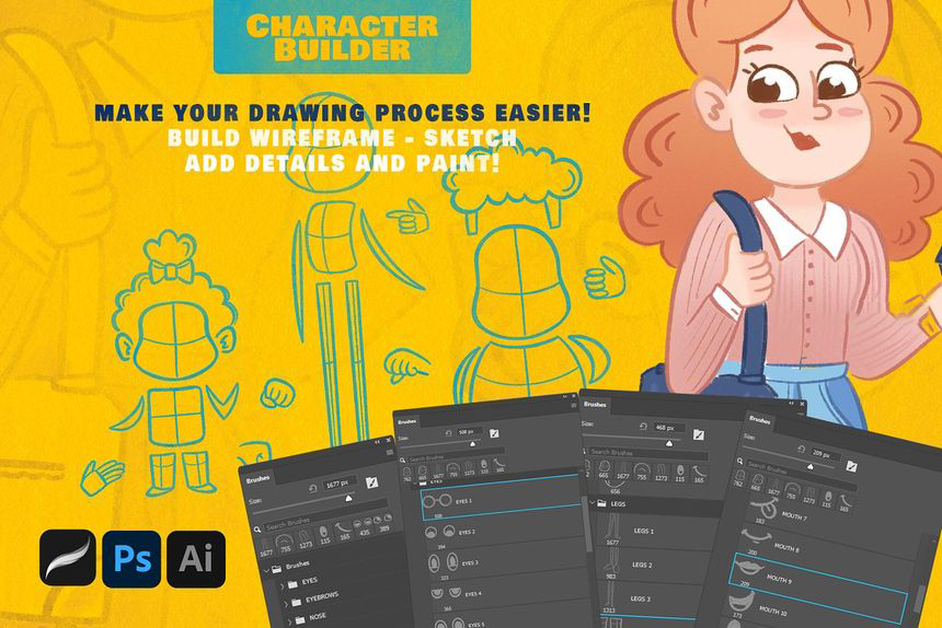 笔刷资源-卡通人物角色创作ai, ps, procreate笔刷工具素材包 笔刷资源 第3张