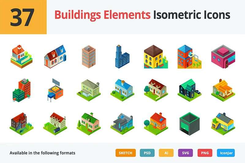 37枚房子建筑等距矢量图标，PSD AI Sketch 图标素材 第1张