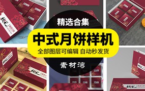 中式礼盒手提袋食品月饼包装样机VI智能贴图效果展示PSD模板素材