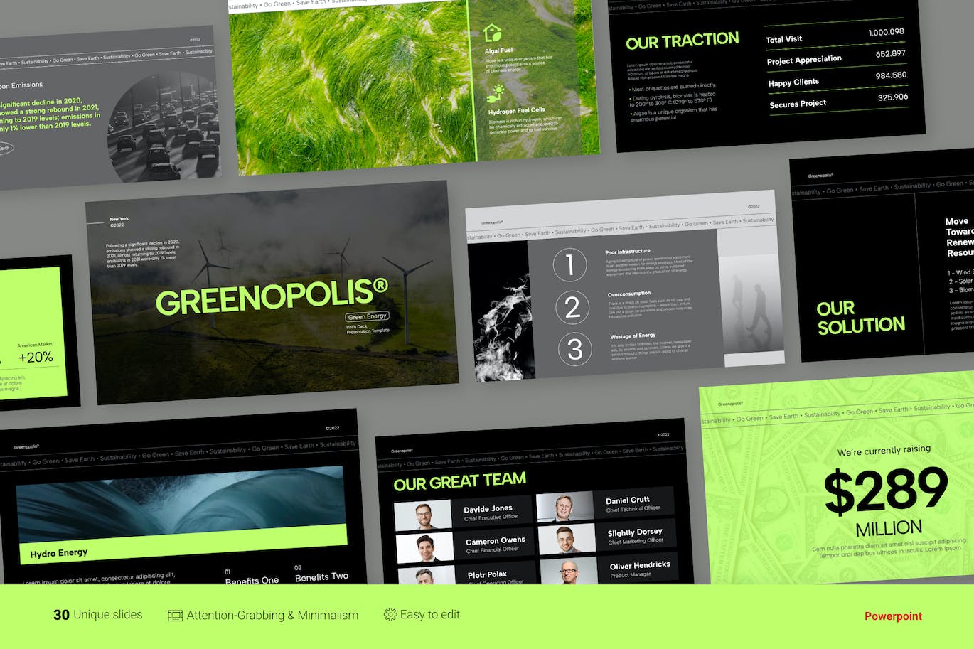 可再生能源业务PPT幻灯片模板 Greenopolis Neon Energy Pitch Deck Powerpoint 幻灯图表 第1张