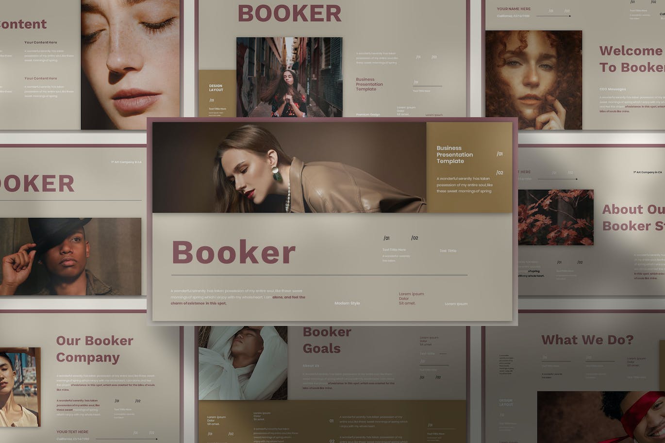 时尚作品集PPT设计模板 Booker – Business Presentation PowerPoint Template 幻灯图表 第1张