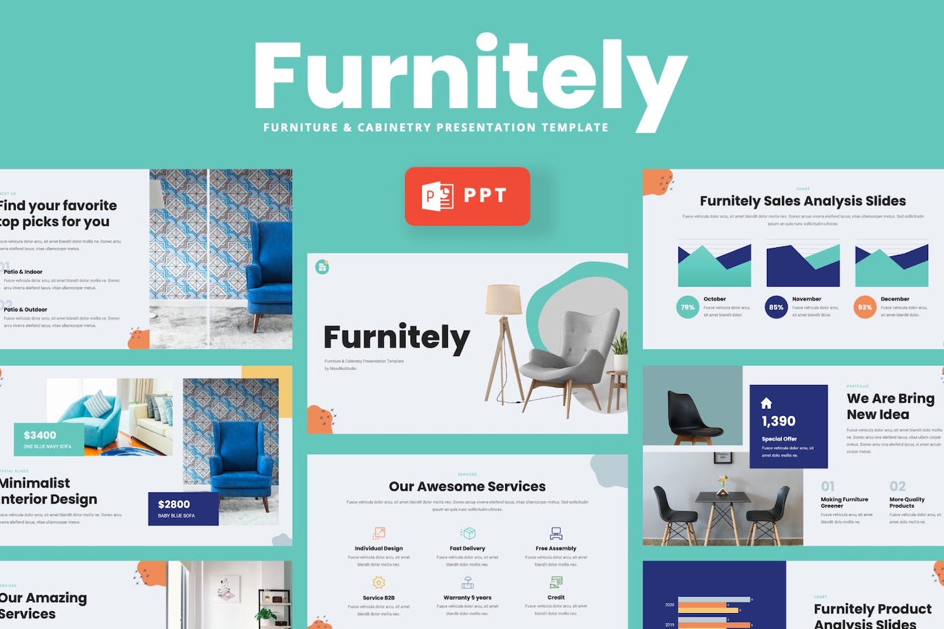 家具和橱柜产品展示PowerPoint演示文稿模板 Furnitely – Furniture Powerpoint Template 幻灯图表 第1张