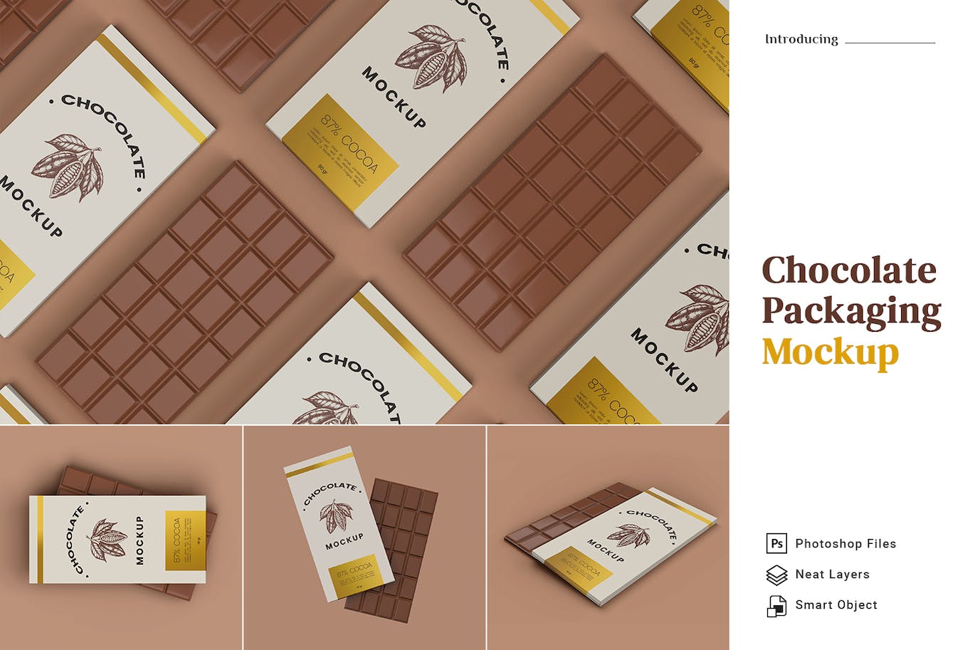 巧克力棒食品包装设计样机 Realistic Chocolate Bar Packaging Mockup 5 Views 样机素材 第1张