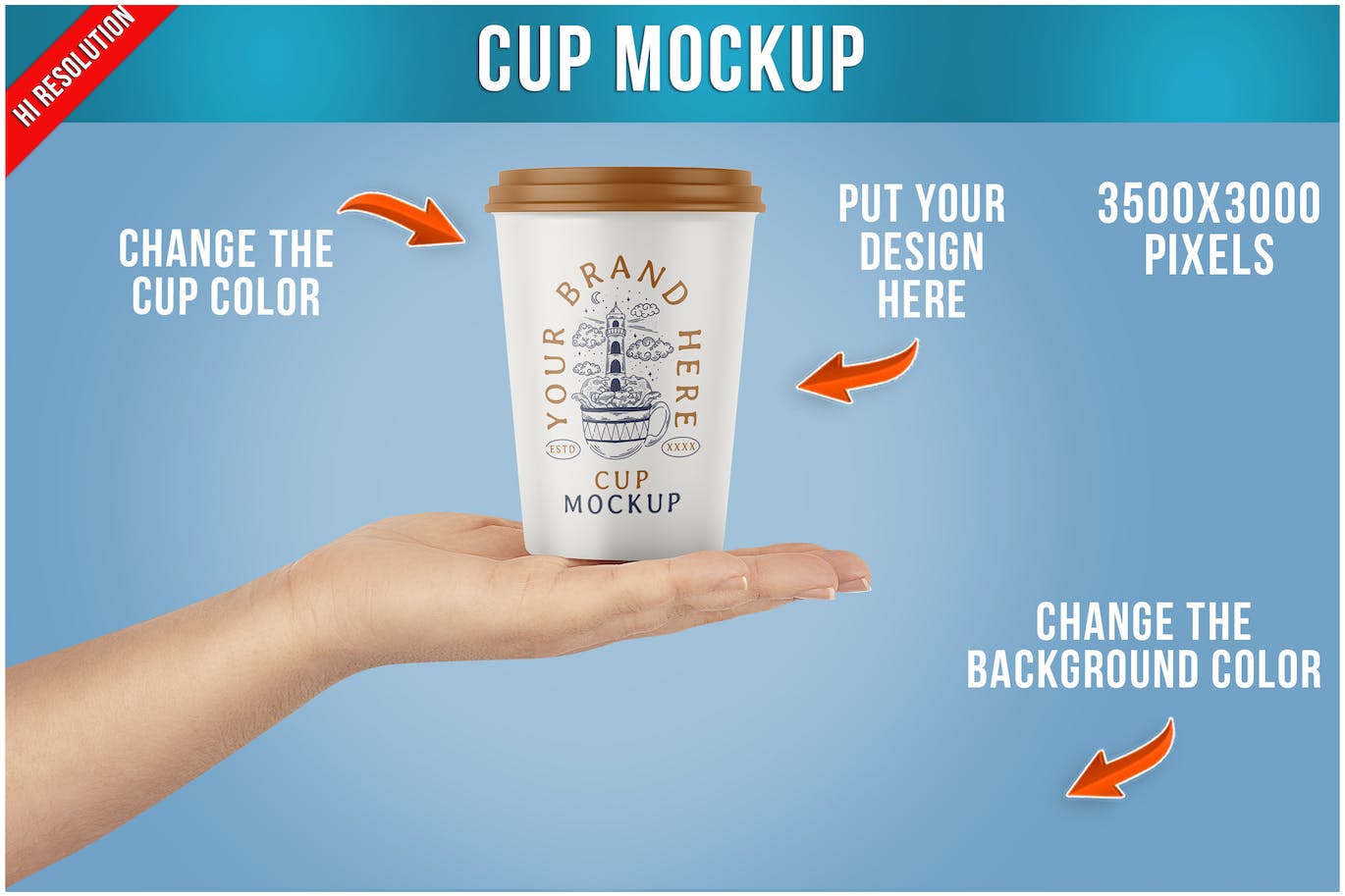 手托咖啡杯品牌包装设计样机 Cup in Woman’s Hand Mockup PSD 样机素材 第1张