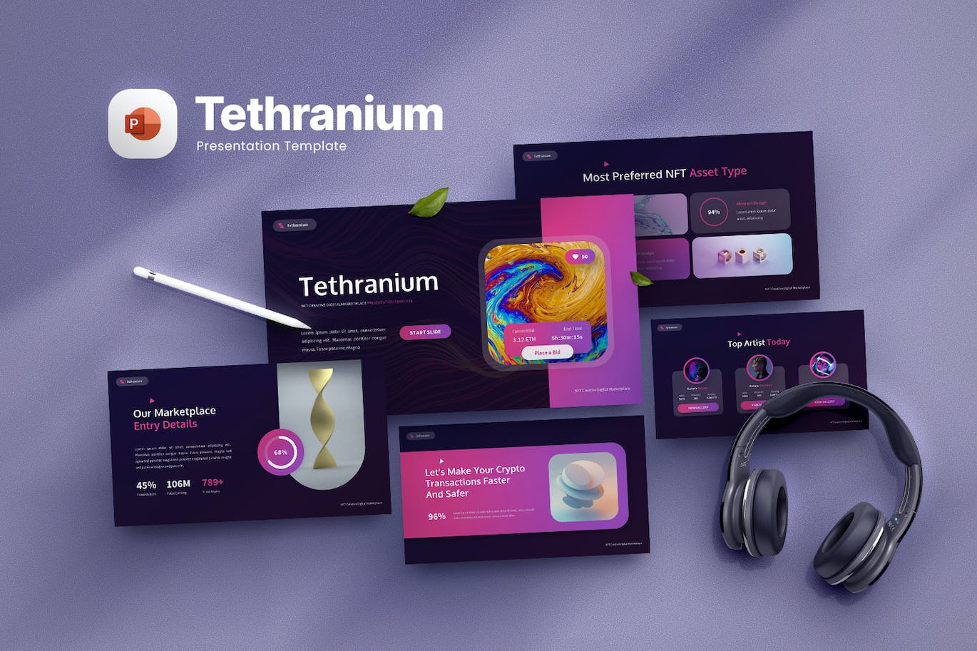 NFT创意数字市场PPT幻灯片模板下载 Tethranium – NFT Creative Powerpoint Template 幻灯图表 第1张