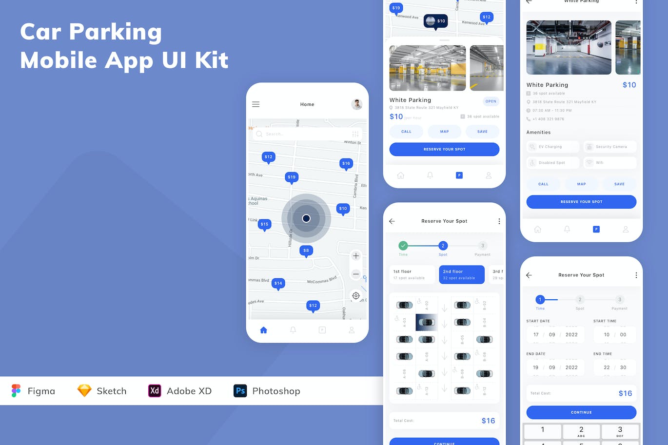 停车场查找应用程序App界面设计UI套件 Car Parking Mobile App UI Kit APP UI 第1张