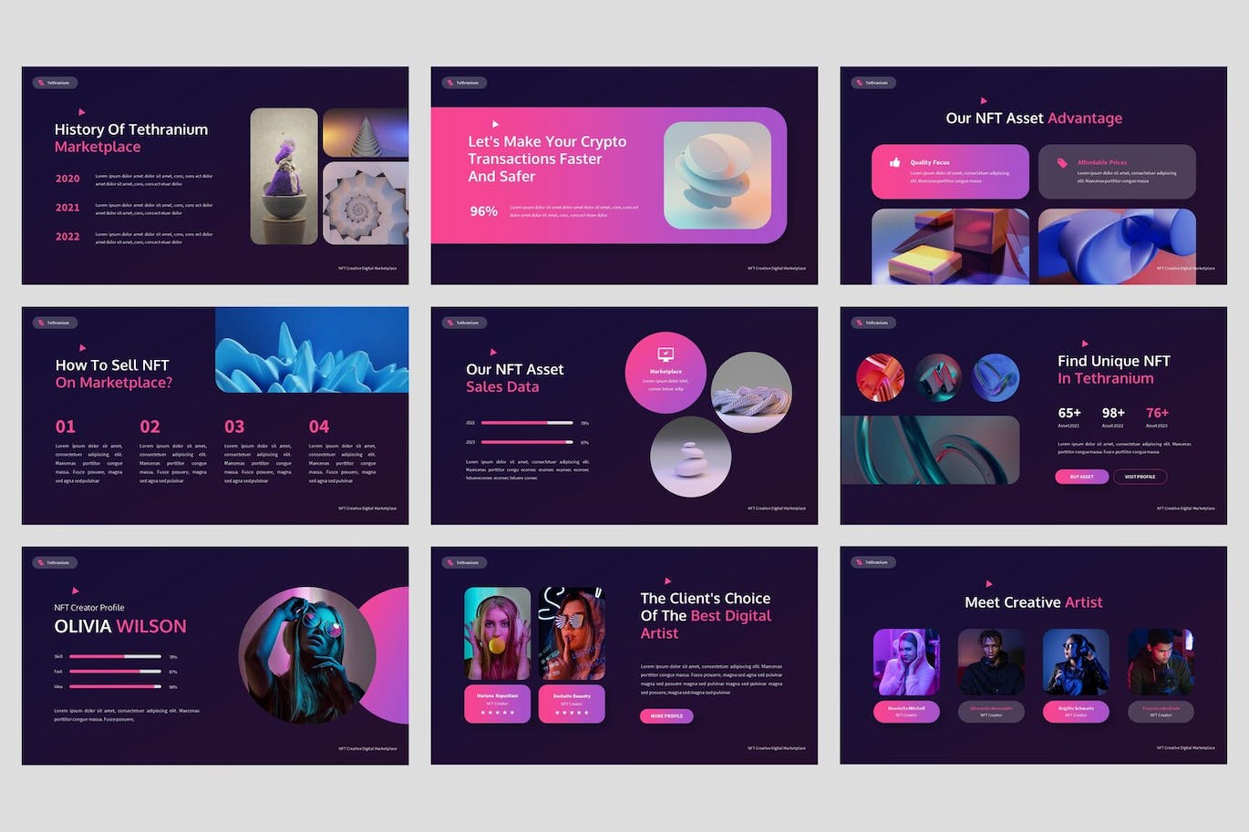 NFT创意数字市场PPT幻灯片模板下载 Tethranium – NFT Creative Powerpoint Template 幻灯图表 第6张