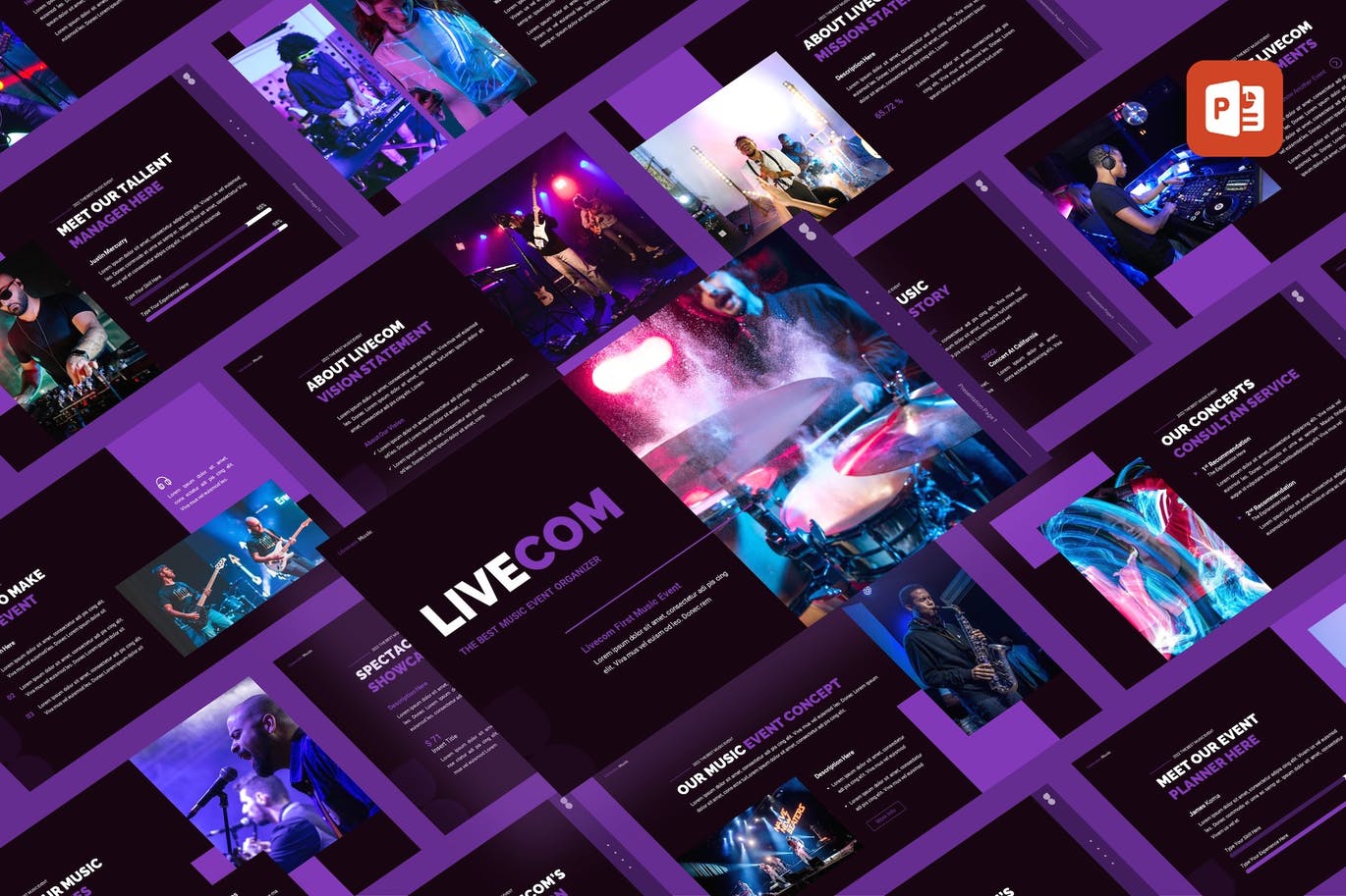 音乐活动演示文稿PPT模板 Livecom – Music Event PowerPoint Template 幻灯图表 第1张