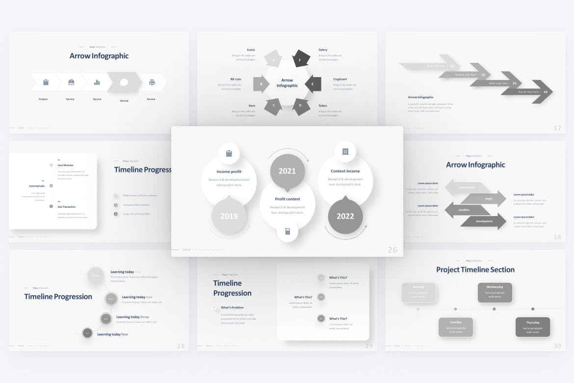 箭头和时间线信息图表PPT幻灯片设计模板 Arrow & Timeline Infographic PowerPoint Template 幻灯图表 第2张