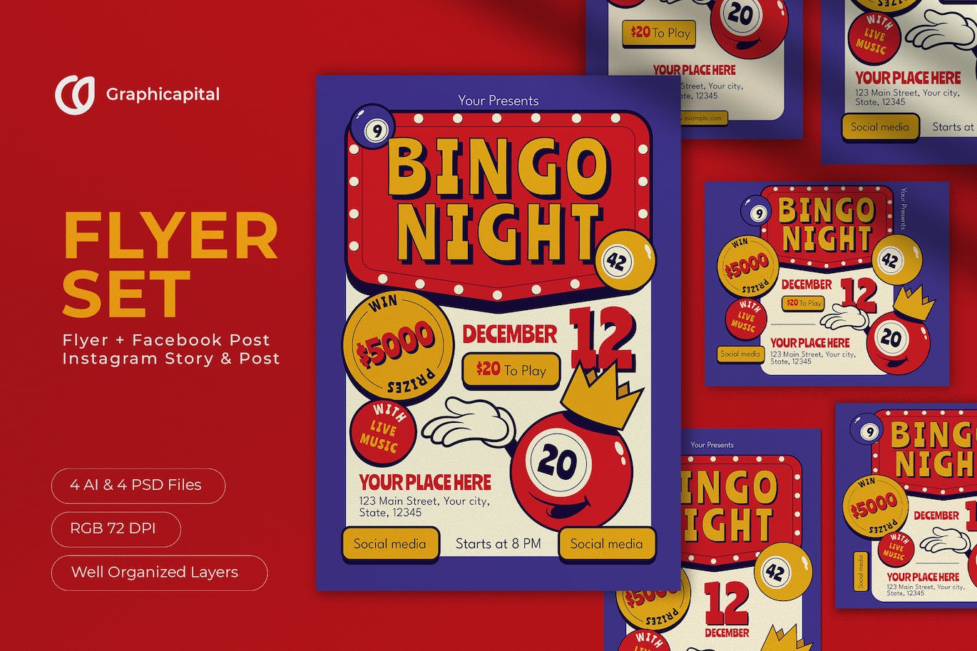 紫色现代宾果之夜传单海报模板 Purple Modern Bingo Night Flyer Set 设计素材 第1张