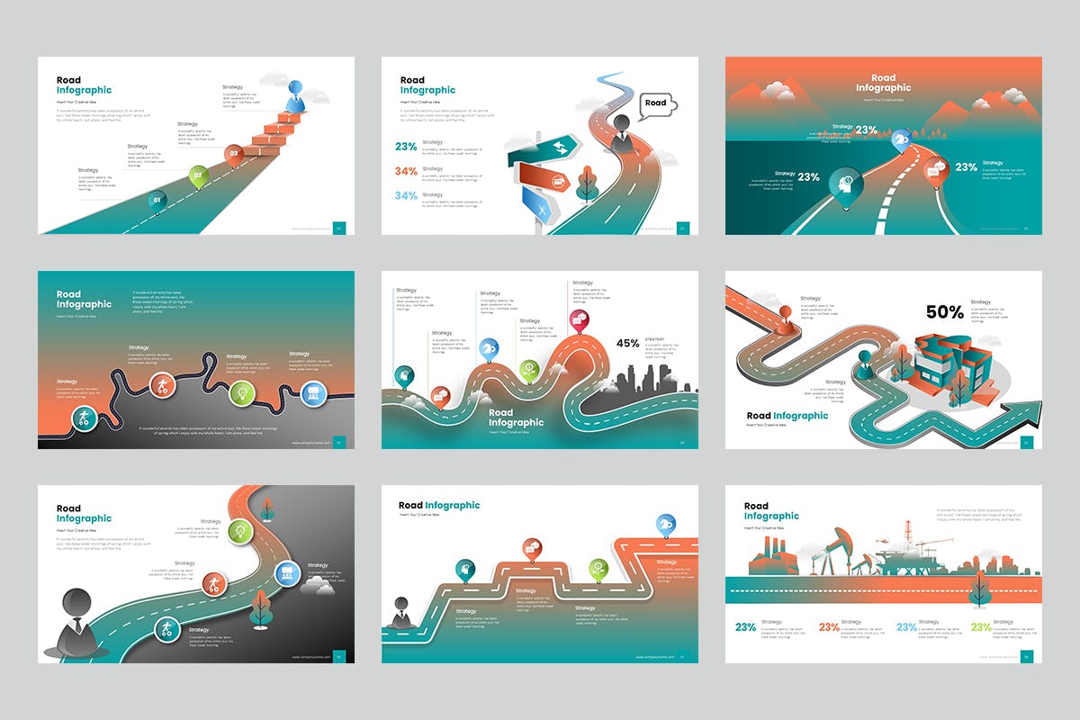 道路信息图表PPT幻灯片设计模板 Road Infographics PowerPoint Presentation 幻灯图表 第3张