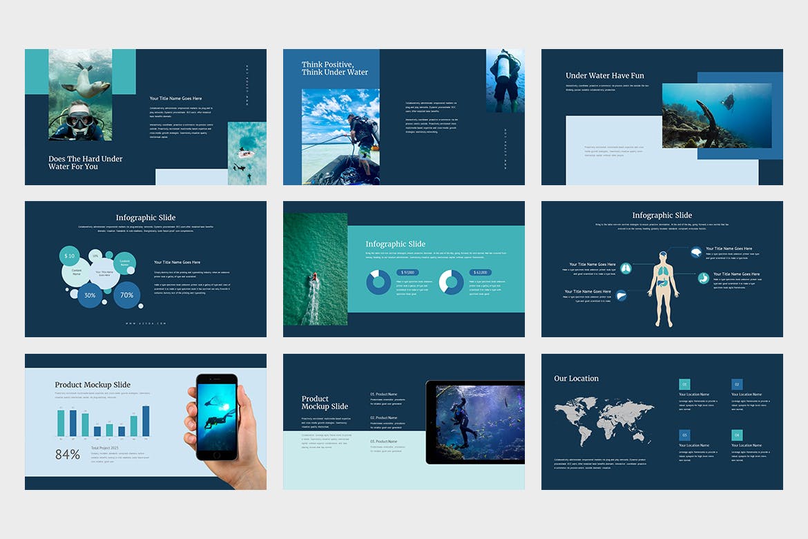 潜水运动演示PPT模板 Uzvoa : Underwater Lookbook Powerpoint Template 幻灯图表 第8张