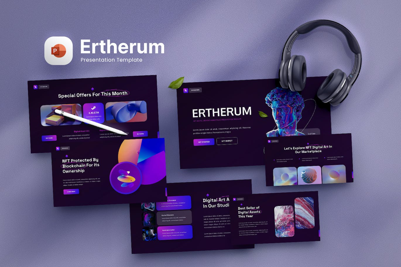 NFT数字创意市场PPT演示文稿 Ertherum – NFT Digital Powerpoint Template 幻灯图表 第1张