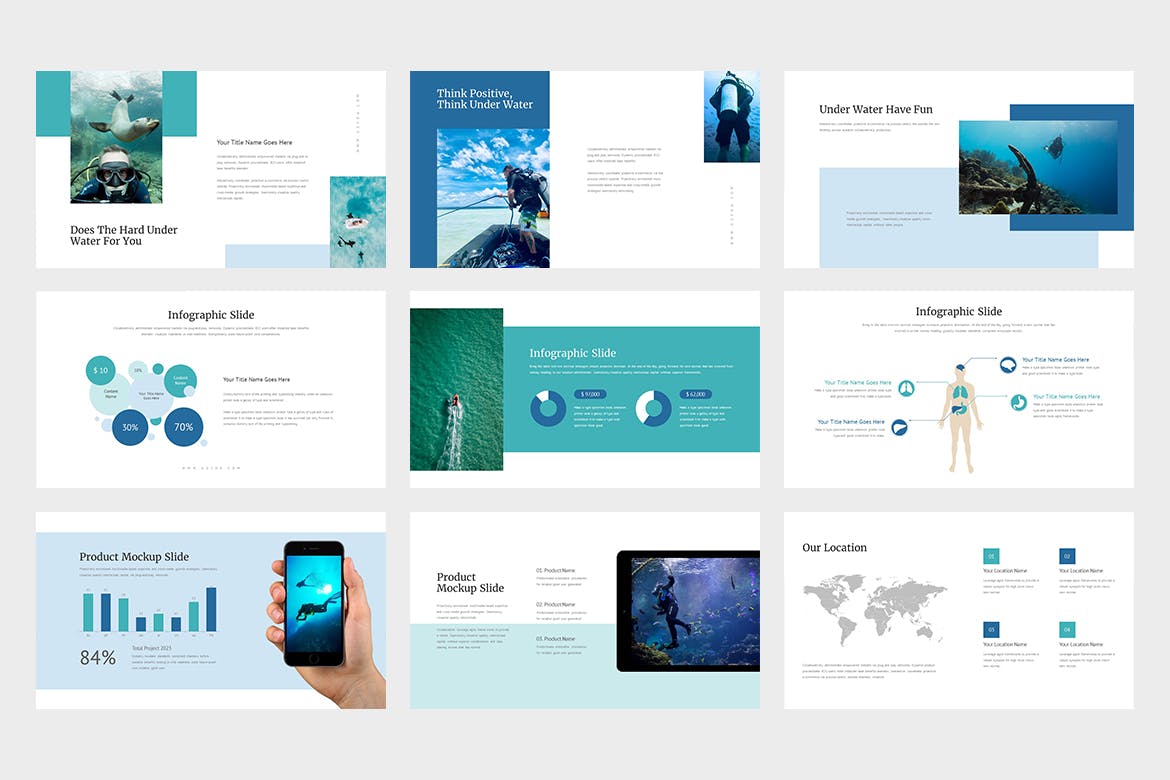 潜水运动演示PPT模板 Uzvoa : Underwater Lookbook Powerpoint Template 幻灯图表 第6张