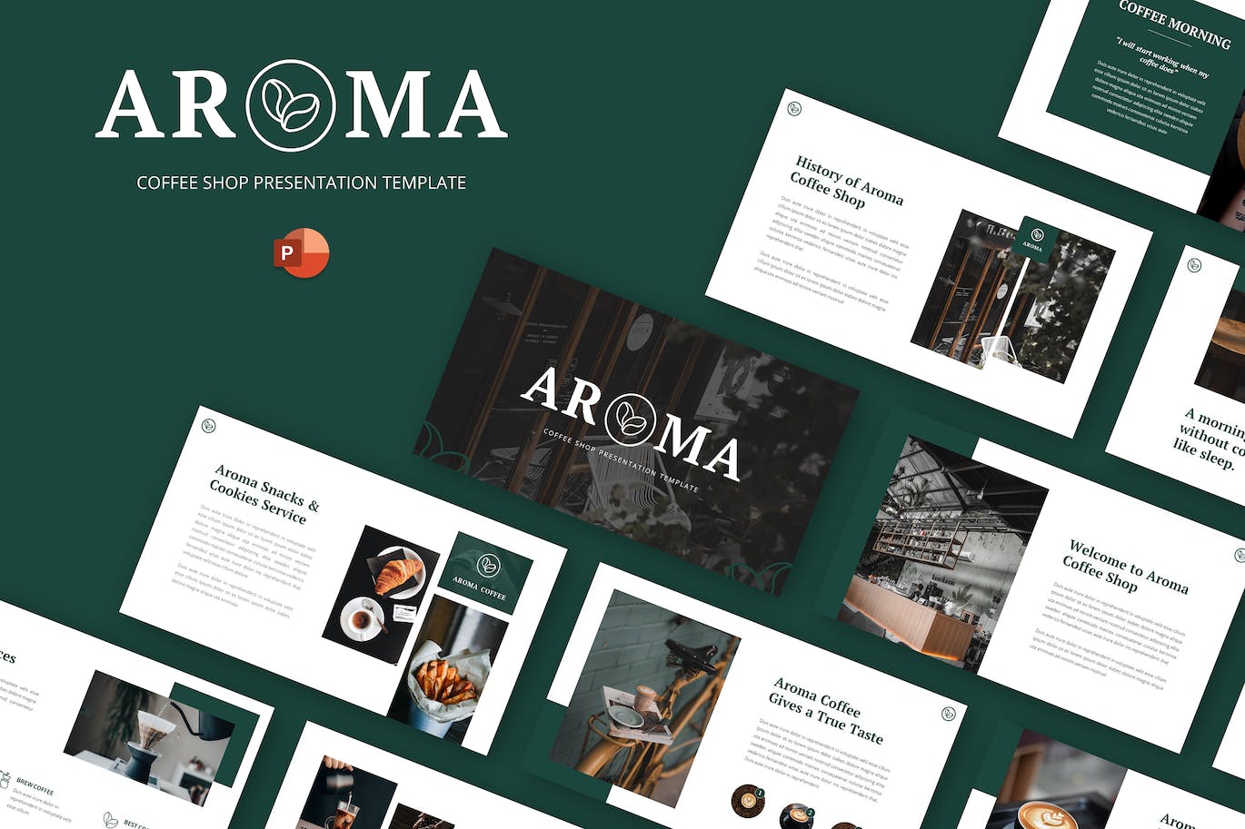 咖啡店和咖啡厅幻灯片演示PPT模板 Aroma – Coffee Shop & Cafe Powerpoint Template 幻灯图表 第1张