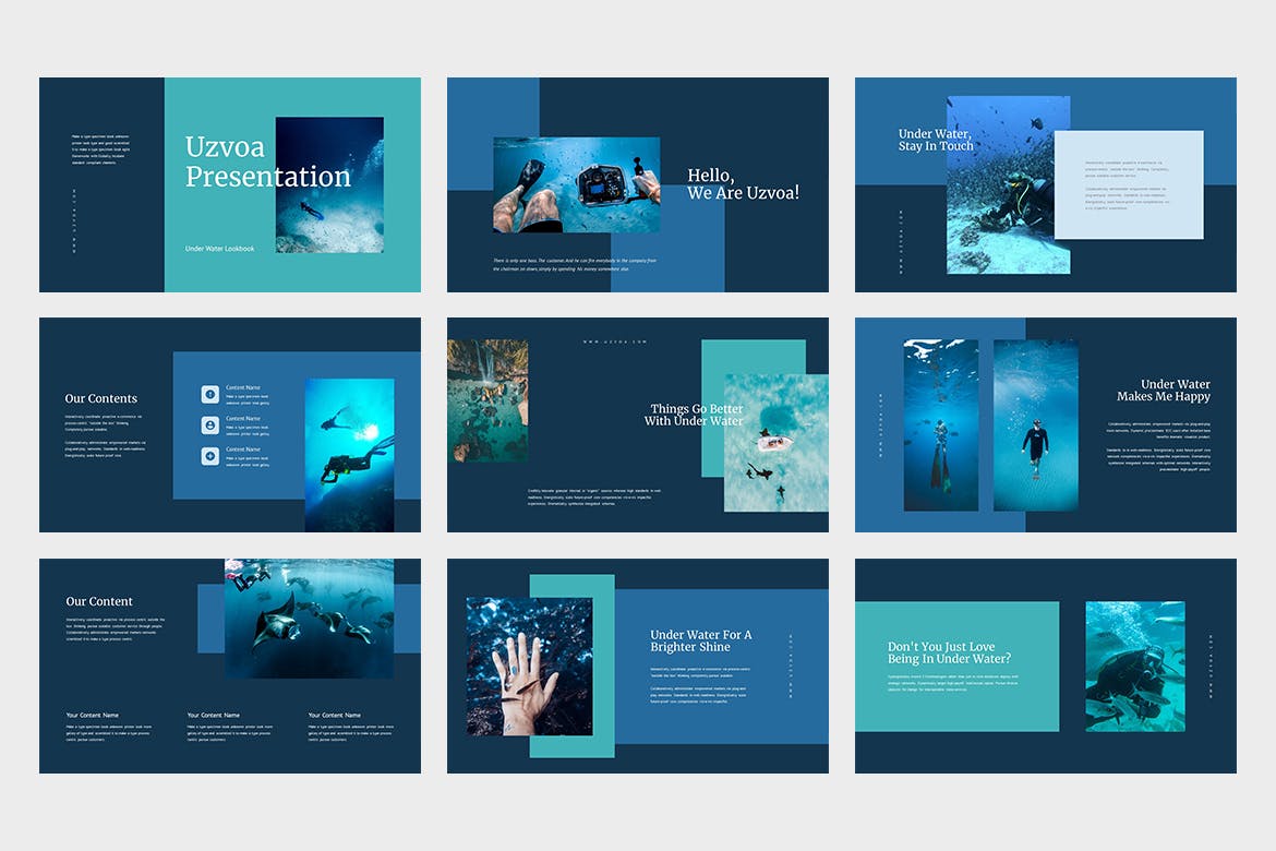 潜水运动演示PPT模板 Uzvoa : Underwater Lookbook Powerpoint Template 幻灯图表 第5张