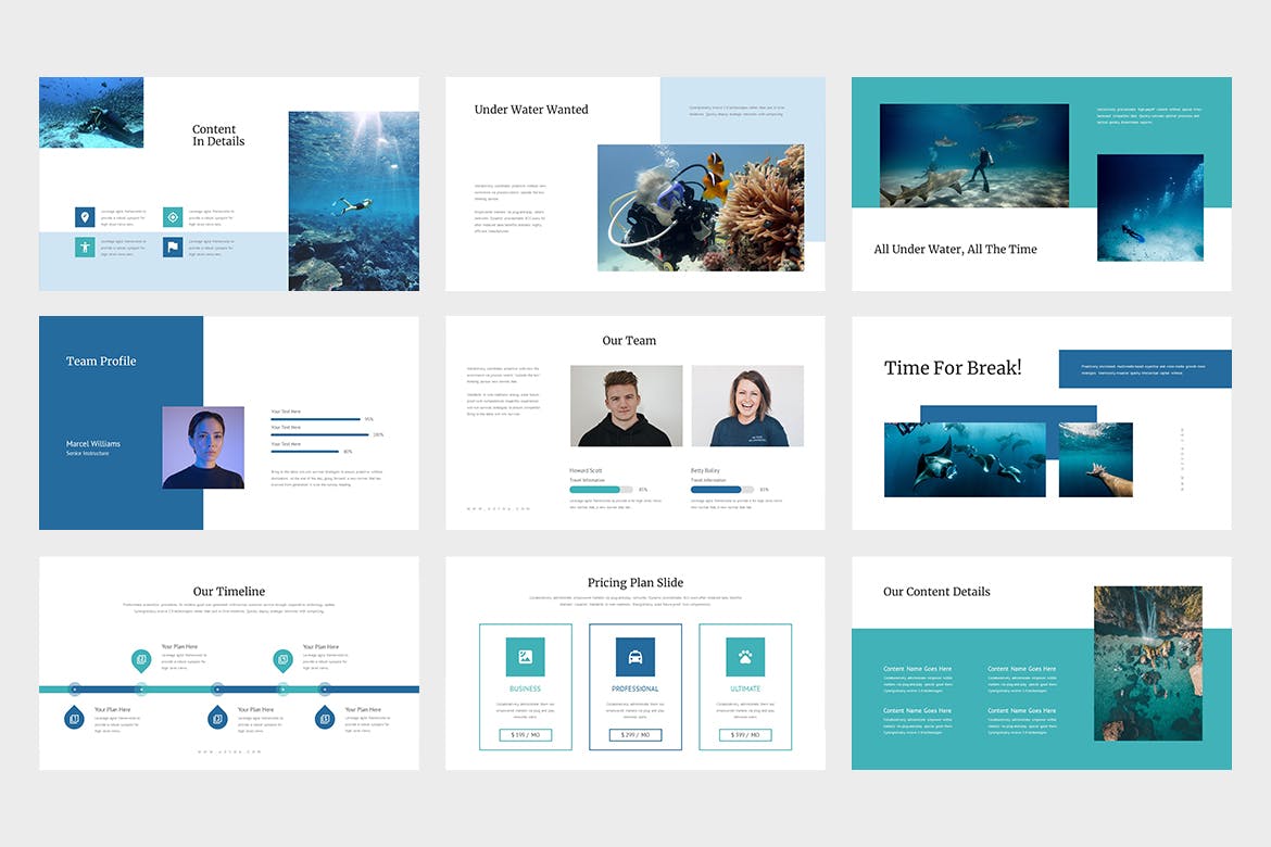潜水运动演示PPT模板 Uzvoa : Underwater Lookbook Powerpoint Template 幻灯图表 第2张