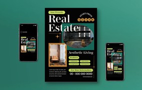 黑色极简主义房地产宣传单素材 Black Minimalist Real Estate Flyer Set