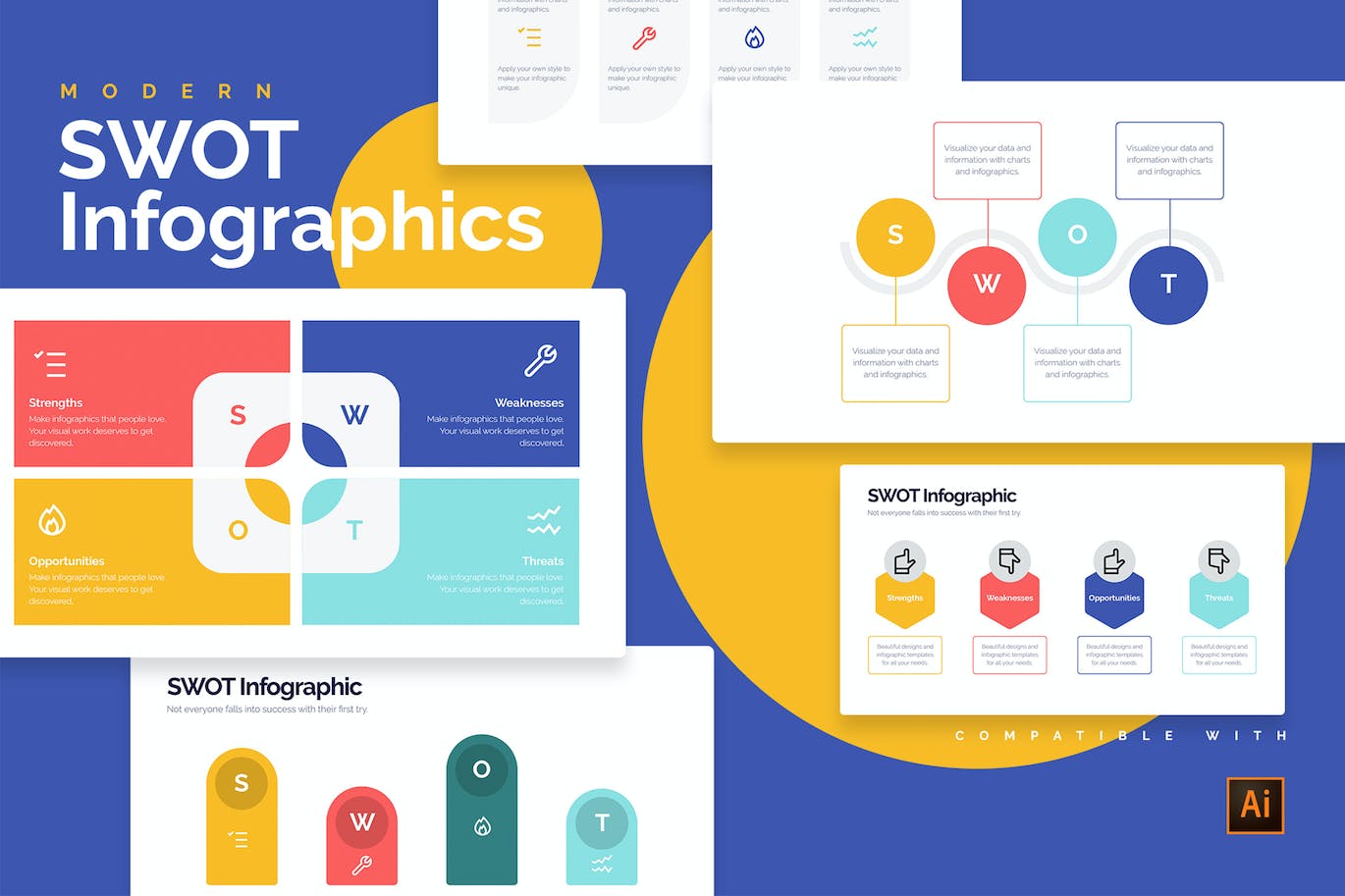 SWOT分析信息图表设计AI矢量模板 Business SWOT Illustrator Infographics 幻灯图表 第1张