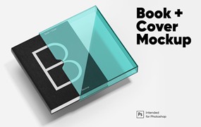 硬封书封面+玻璃书套设计样机 Book+Cover Mockup