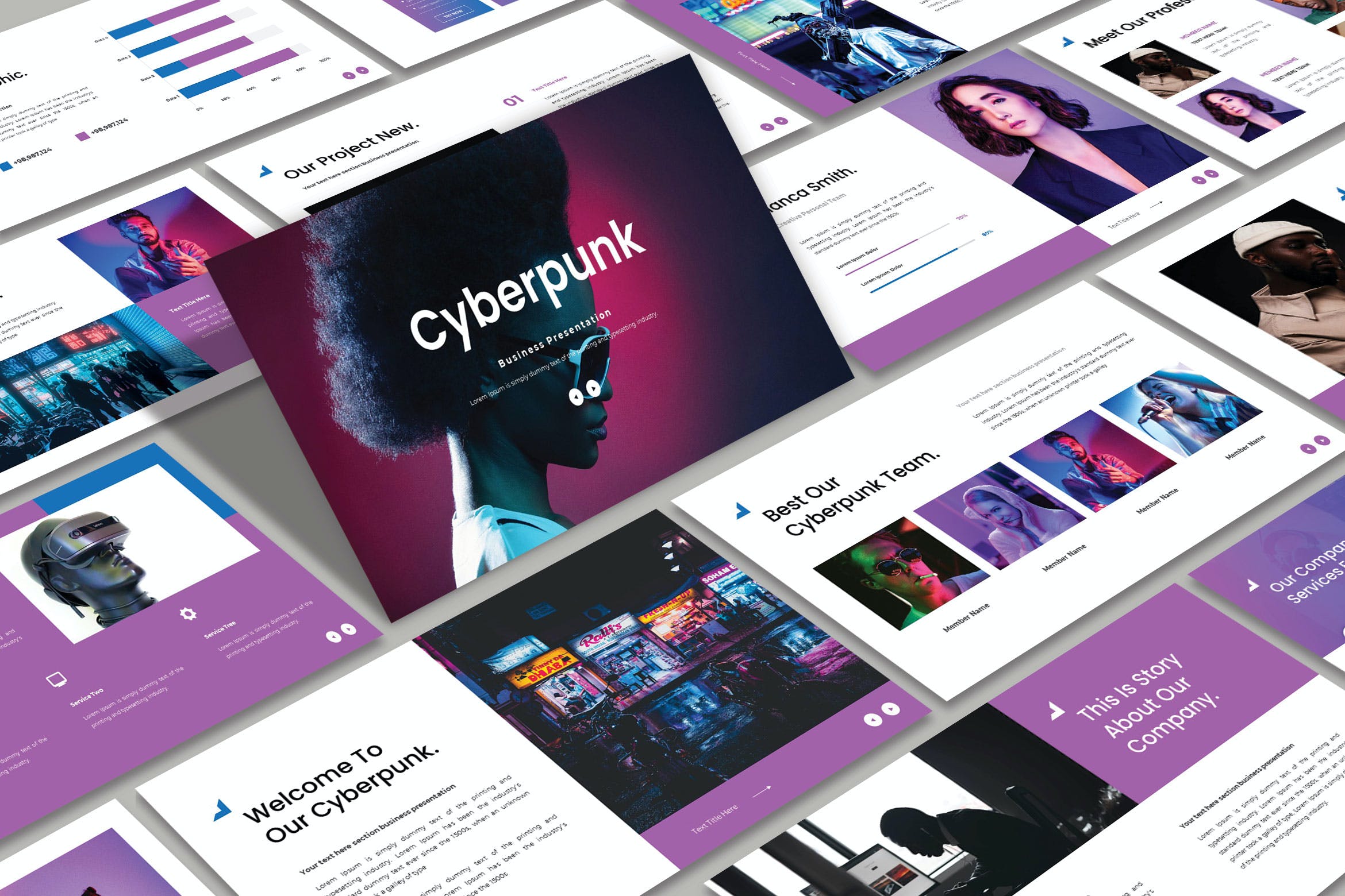 赛博朋克PPT创意模板 CYBERPUNK – Pastel Powerpoint Template 幻灯图表 第1张