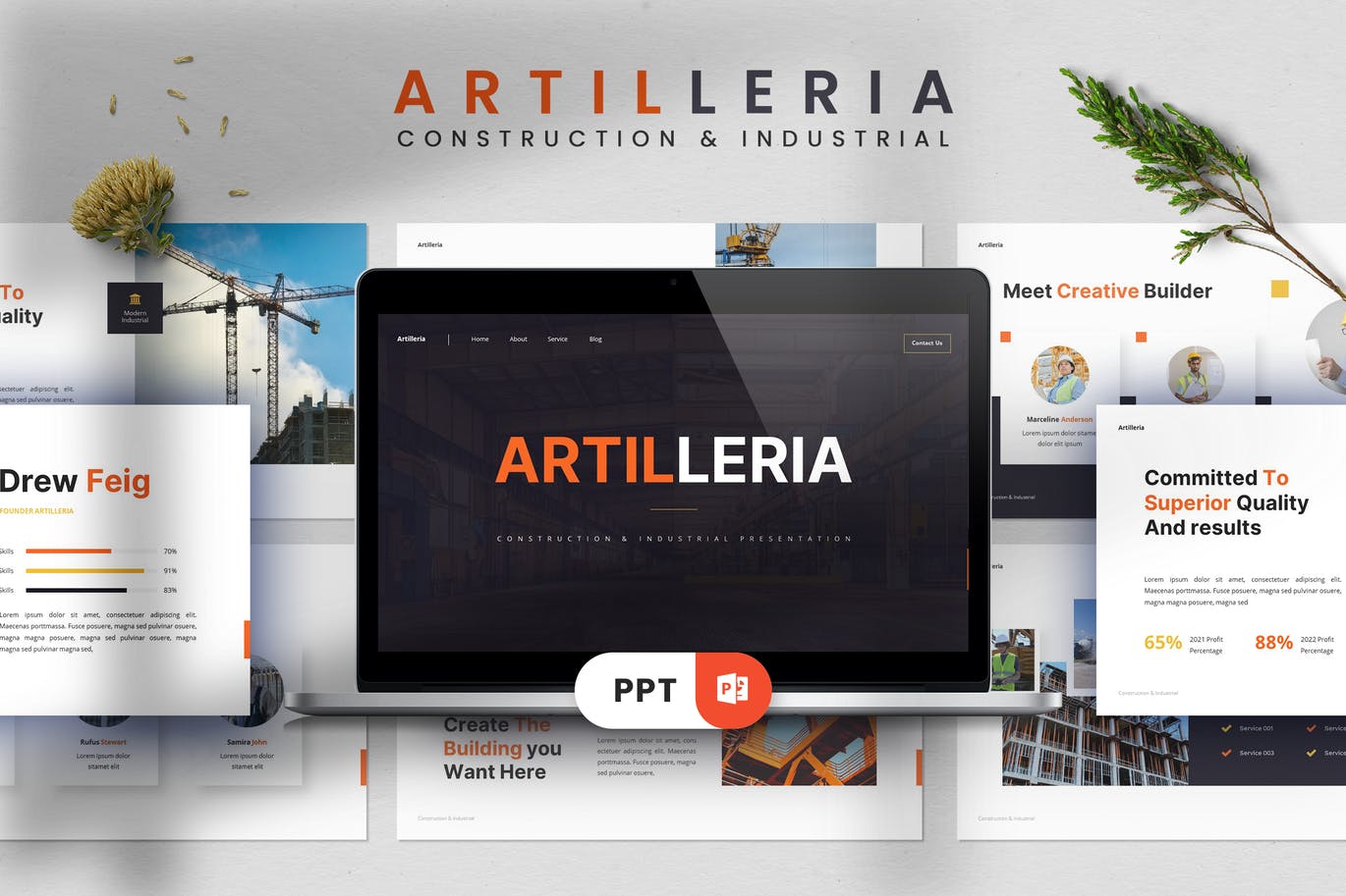 建筑和工业PowerPoint演示文稿模板 Artilleria – Construction Powerpoint Template 幻灯图表 第1张