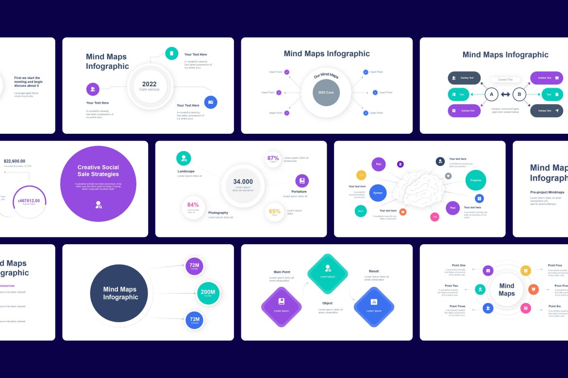 思维导图信息图表素材 Mind Maps Infographic Asset Illustrator 幻灯图表 第3张