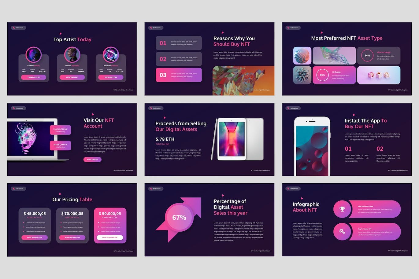 NFT创意数字市场PPT幻灯片模板下载 Tethranium – NFT Creative Powerpoint Template 幻灯图表 第4张