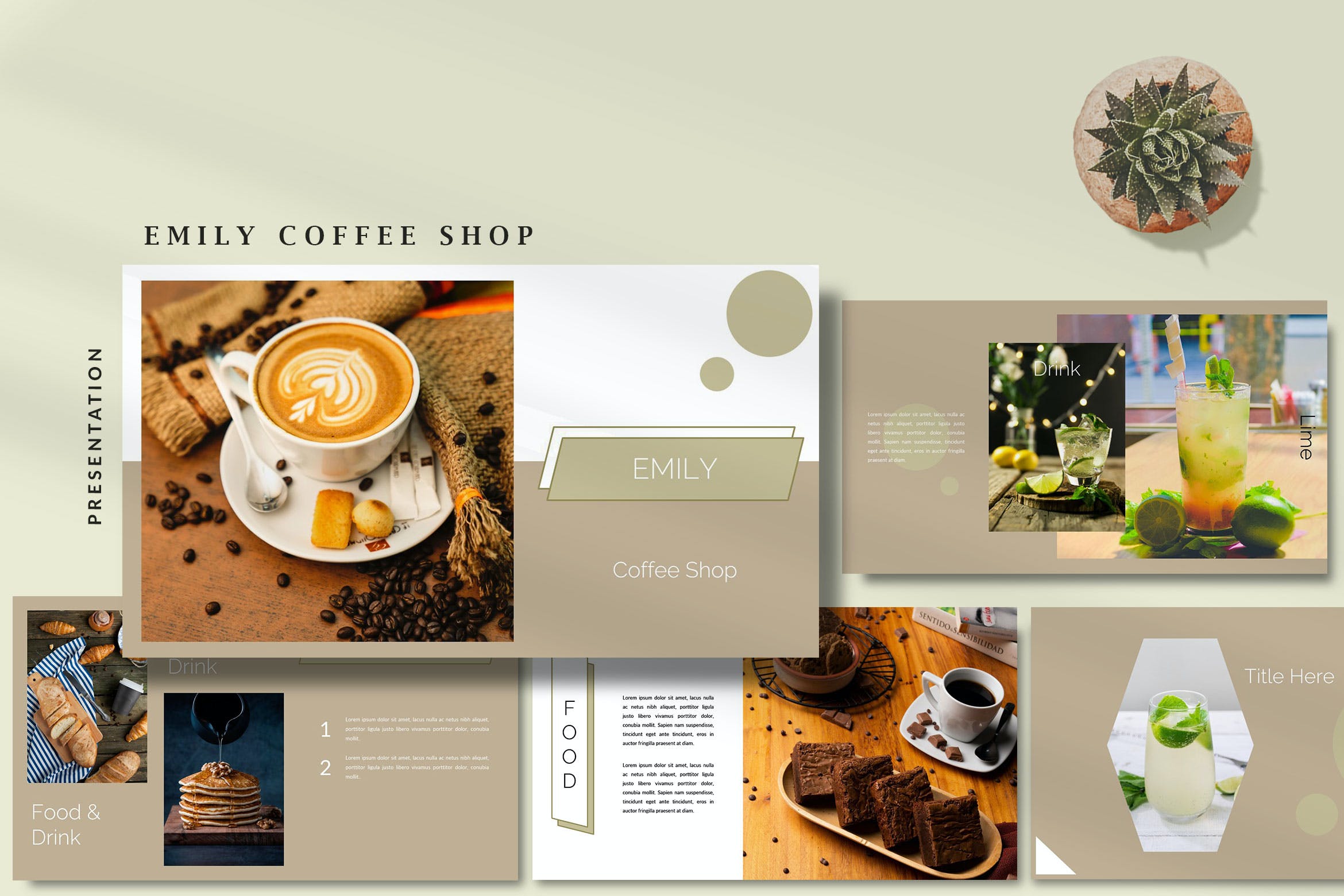 咖啡店创意演示PPT模板 Emily Coffee Shop – Creative Powerpoint Template 幻灯图表 第1张