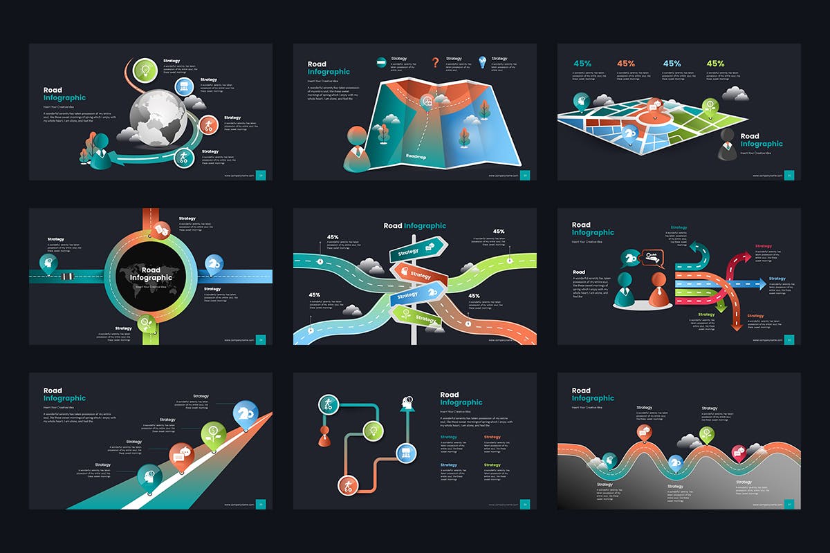 道路信息图表PPT幻灯片设计模板 Road Infographics PowerPoint Presentation 幻灯图表 第4张