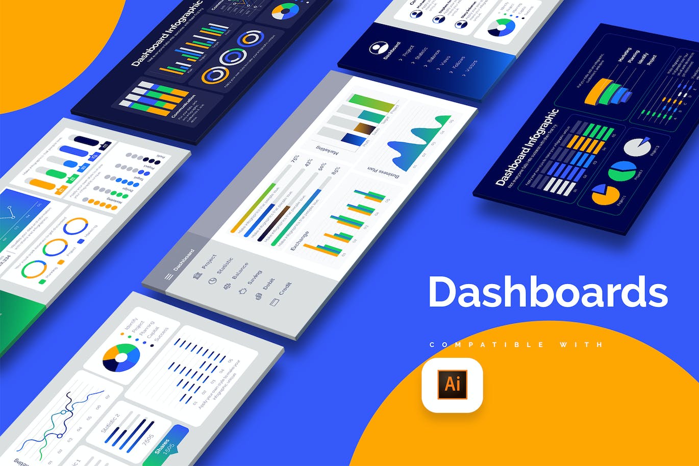 商业仪表盘信息图表设计AI矢量模板 Business Dashboard Illustrator Infographics 幻灯图表 第1张