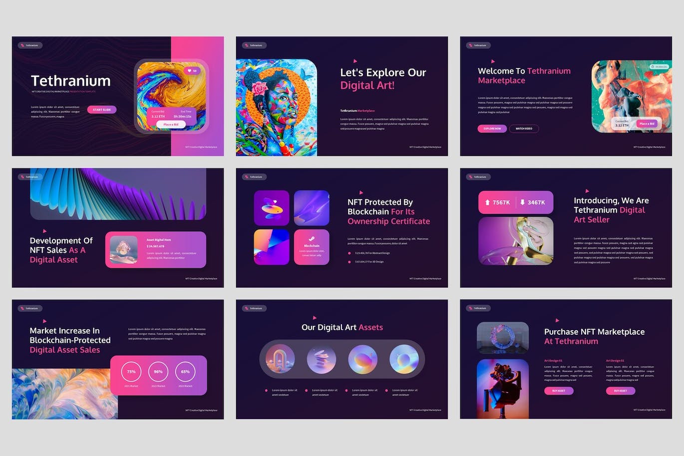 NFT创意数字市场PPT幻灯片模板下载 Tethranium – NFT Creative Powerpoint Template 幻灯图表 第3张