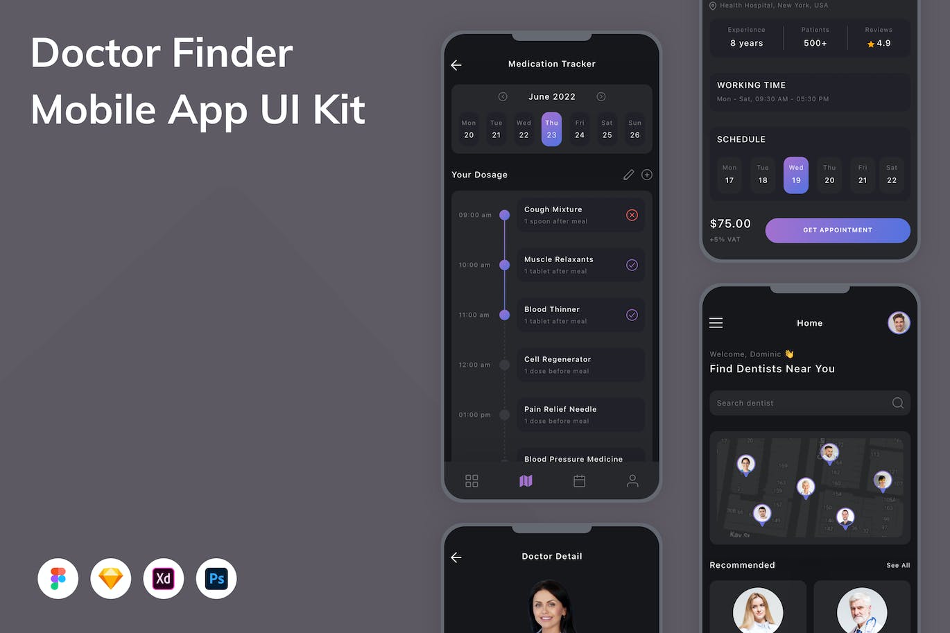 医生查找App应用程序UI设计模板套件 Doctor Finder Mobile App UI Kit APP UI 第1张