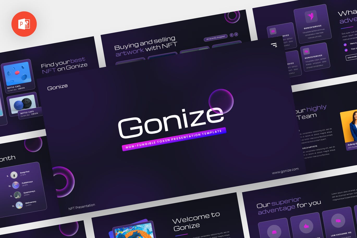 NFT作品集幻灯片演示PPT模板 Gonize – NFT Powerpoint Template 幻灯图表 第1张