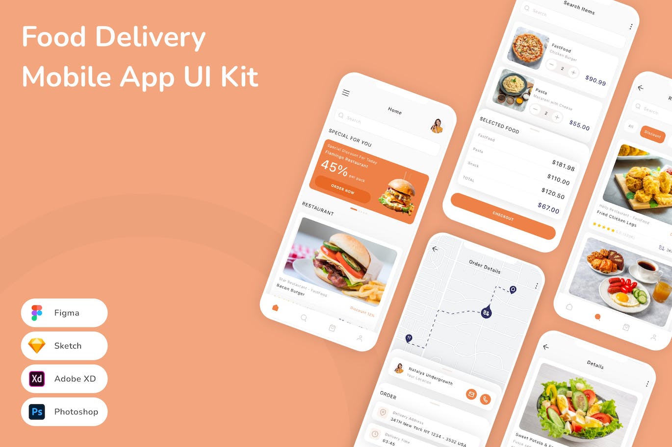 食品配送App手机应用程序UI设计素材 Food Delivery Mobile App UI Kit APP UI 第1张