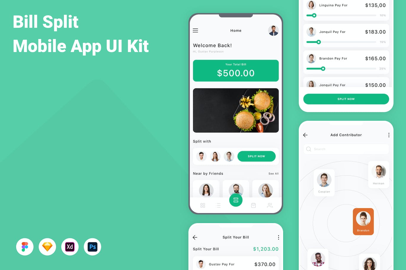 AA账单拆分移动应用程序App设计UI模板 Bill Split Mobile App UI Kit APP UI 第1张