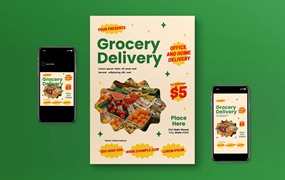 杂货配送传单设计 Grocery Delivery Flyer Set