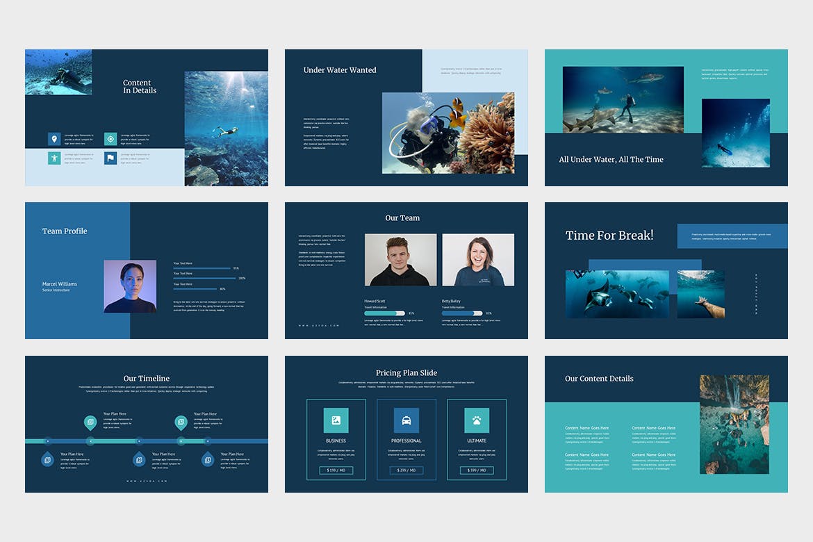 潜水运动演示PPT模板 Uzvoa : Underwater Lookbook Powerpoint Template 幻灯图表 第9张