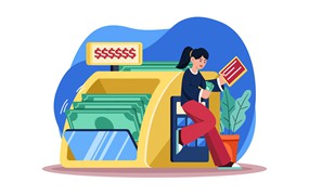 资产统计概念场景插画 Woman Counts The Money She Earns