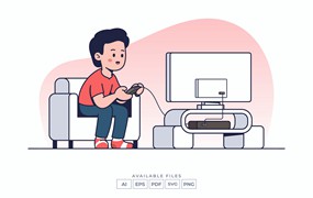 玩电子游戏场景矢量插画v4 Playing Video Game Illustration