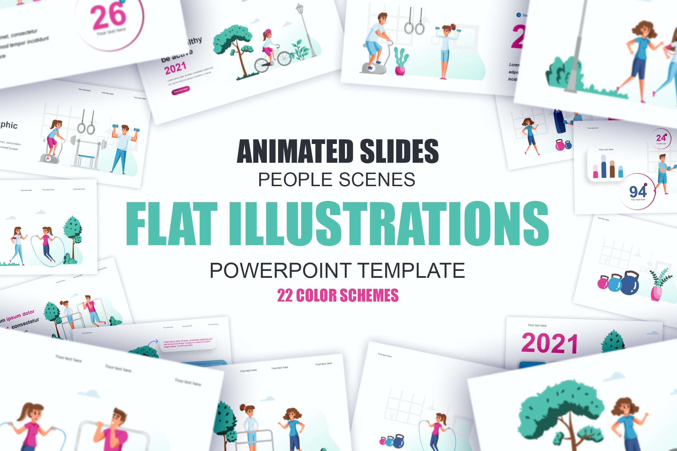 健身运动扁平插画数据可视化PPT动画幻灯片模板 Fitness Flat Illustration Powerpoint Template 幻灯图表 第1张