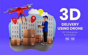 无人机交付3D角色插画素材 Delivery Using Drone 3D Character Illustration