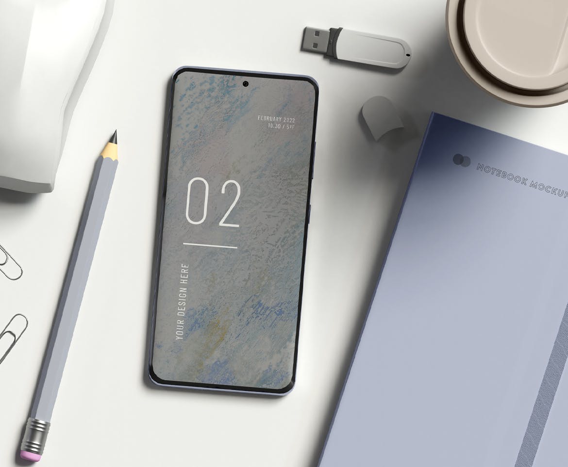 带有办公用品的安卓智能手机屏幕样机 Smartphone with office items mockup 样机素材 第4张