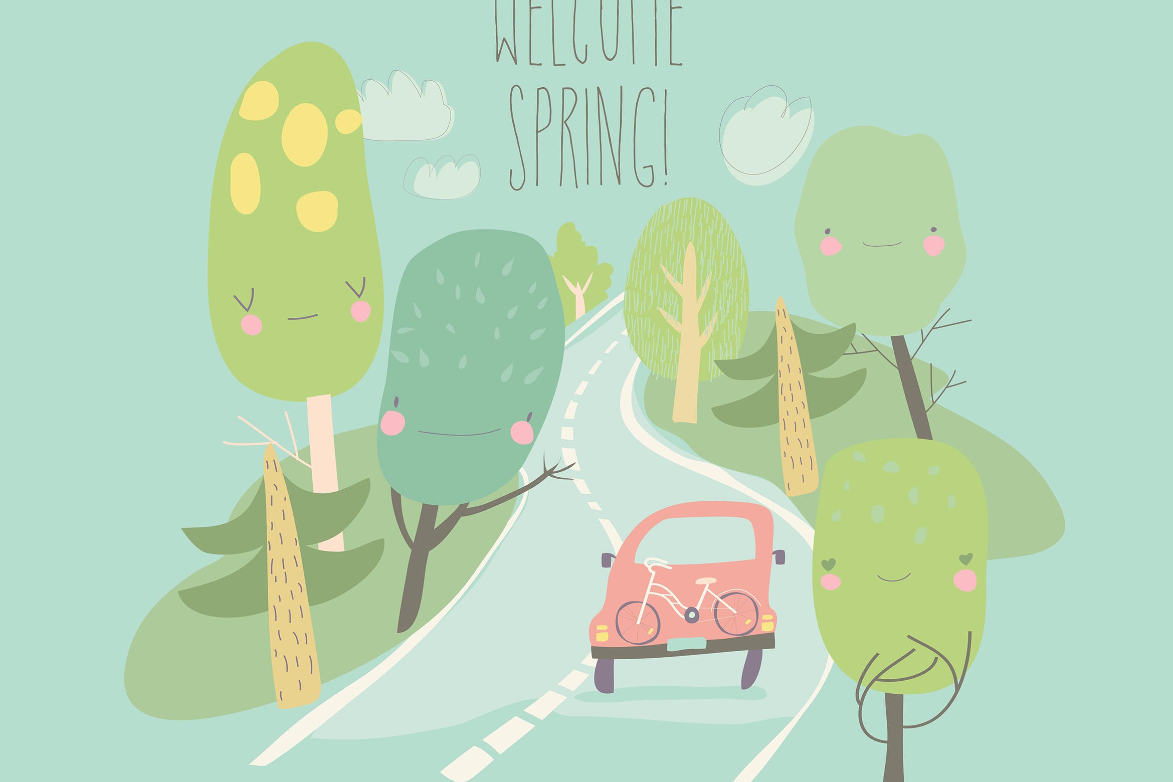 汽车旅行春季森林插画 Car is driving on the road through spring forest. 图片素材 第1张