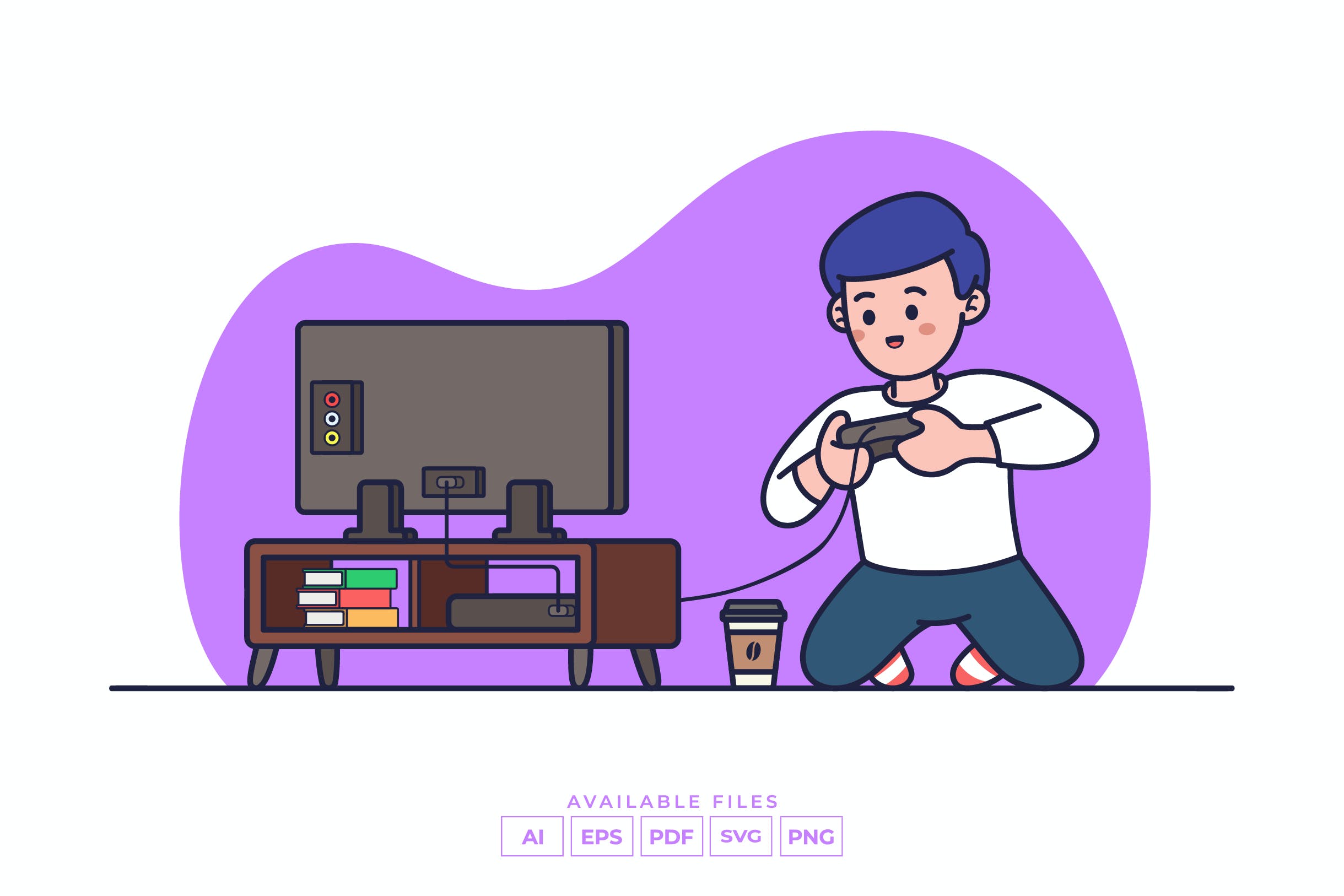 玩电子游戏场景矢量插画v2 Playing Video Game Illustration 图片素材 第1张