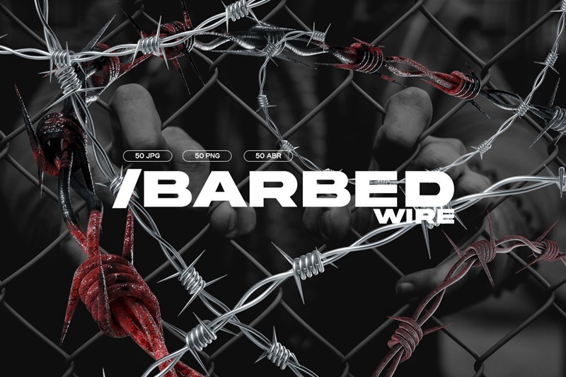 潮流酸性艺术街头服饰设计恐怖铁丝网PS笔刷PNG装饰素材 BARBED WIRE – TEXTURES 笔刷资源 第1张