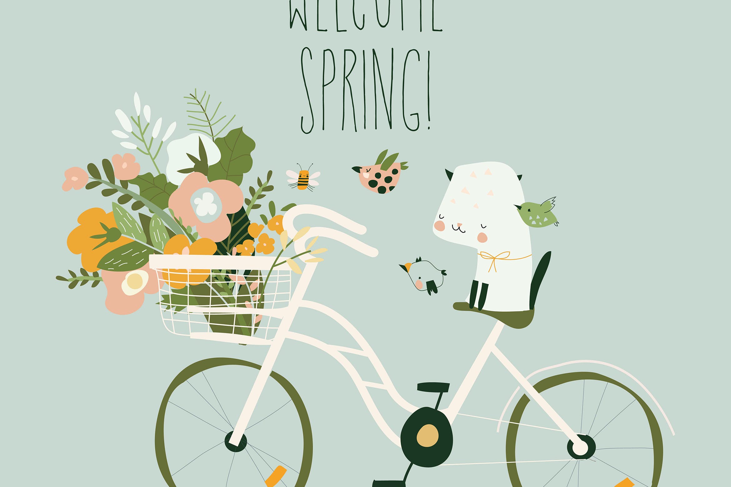 卡通自行车可爱猫咪春天概念插画 Cute cartoon cat sitting on bike with spring 图片素材 第1张