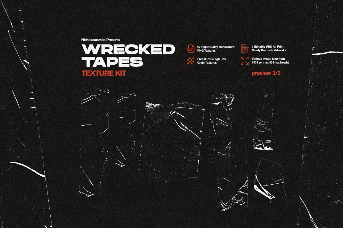 高质量复古做旧艺术纸张折痕压痕破损废旧胶带纹理素材合辑 Wrecked Tapes Texture Kit APP UI 第6张