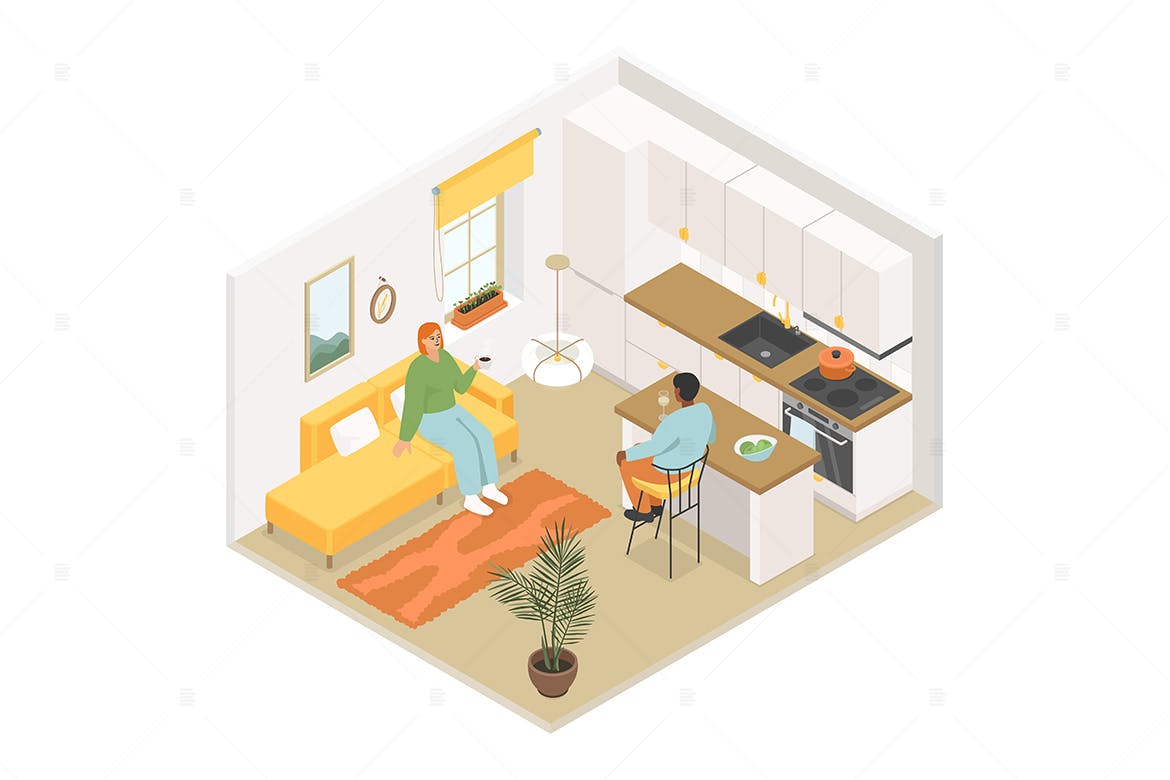 厨房交谈场景彩色等距插画 Kitchen – Colorful Isometric Illustration 图片素材 第1张